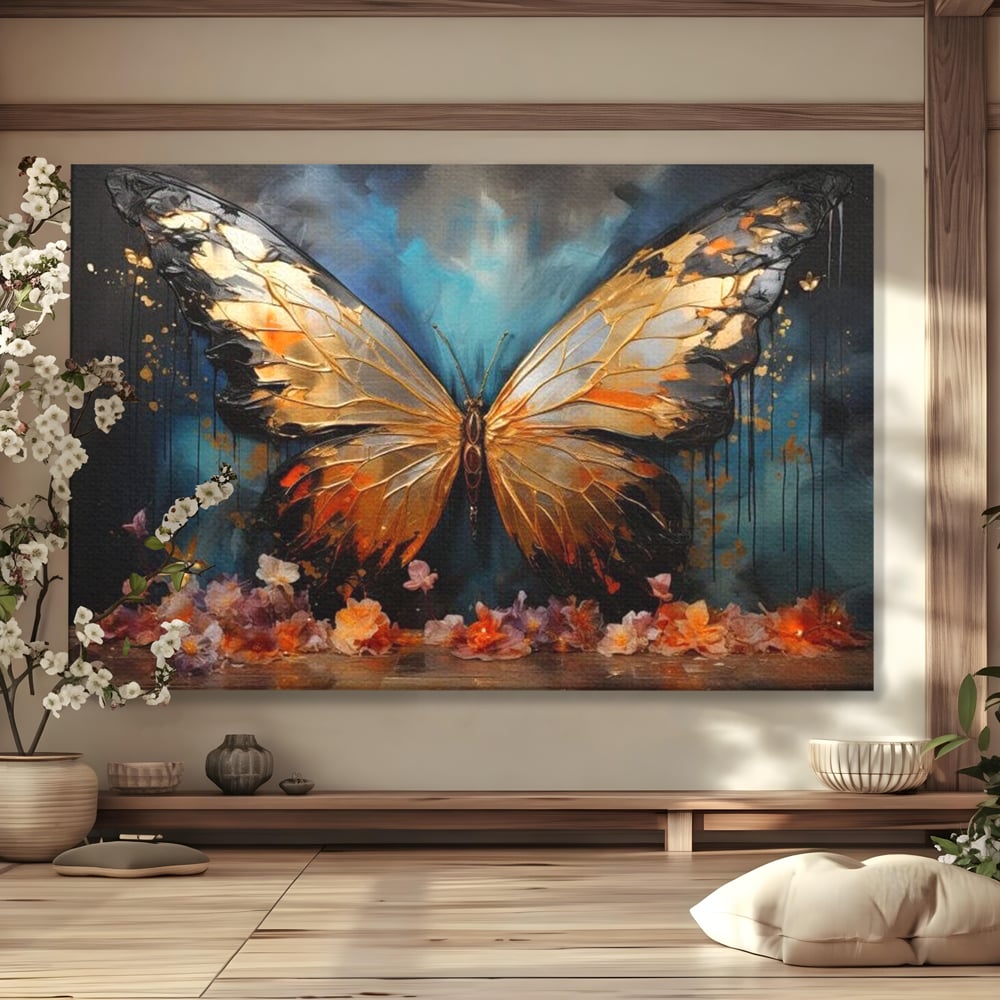 Tablou canvas cu tablou canvas cu fluture auriu si flori, fara rama, pe sasiu de lemn